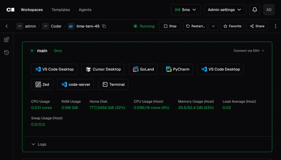 Developers launch their favorite web-based or desktop IDE, browse files, or access their Workspace’s Terminal.