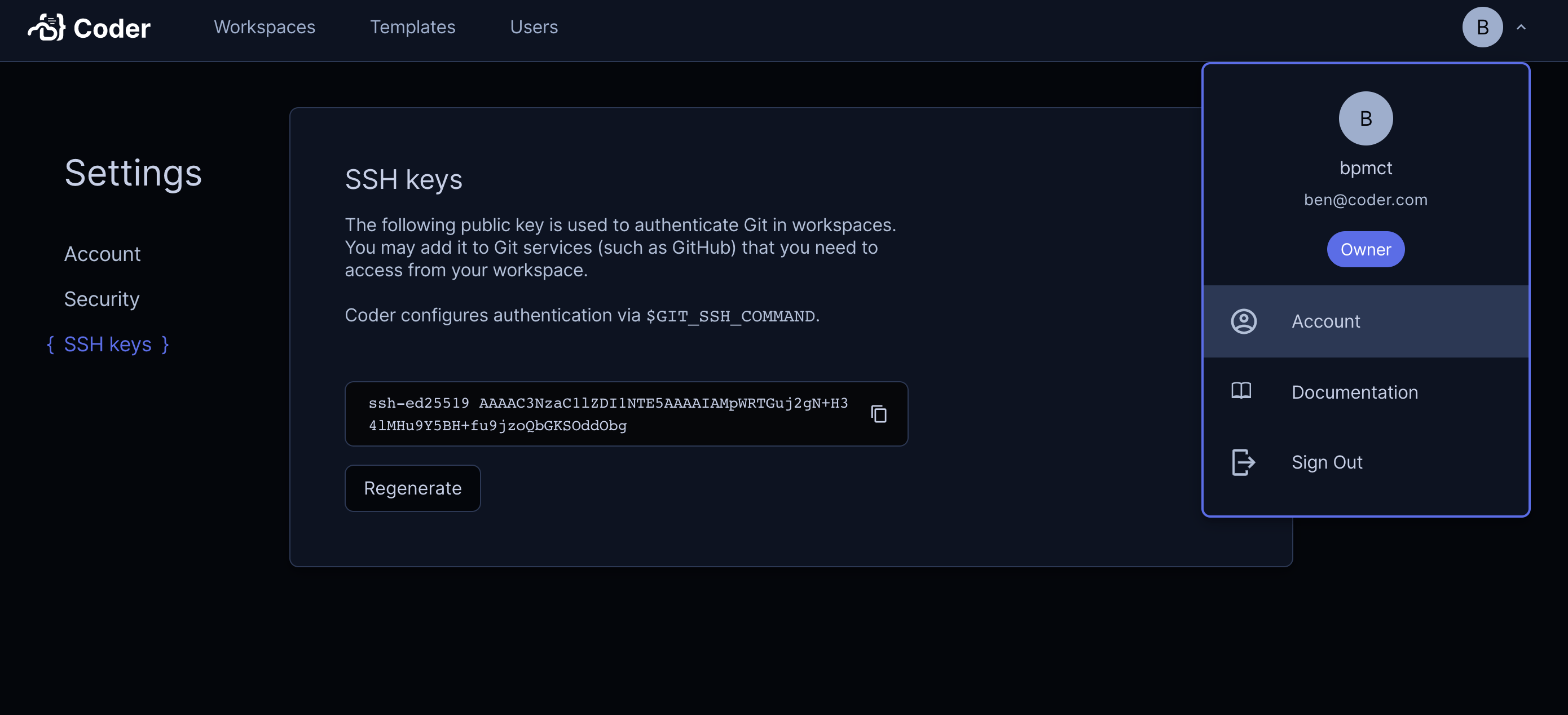 SSH keys in account settings
