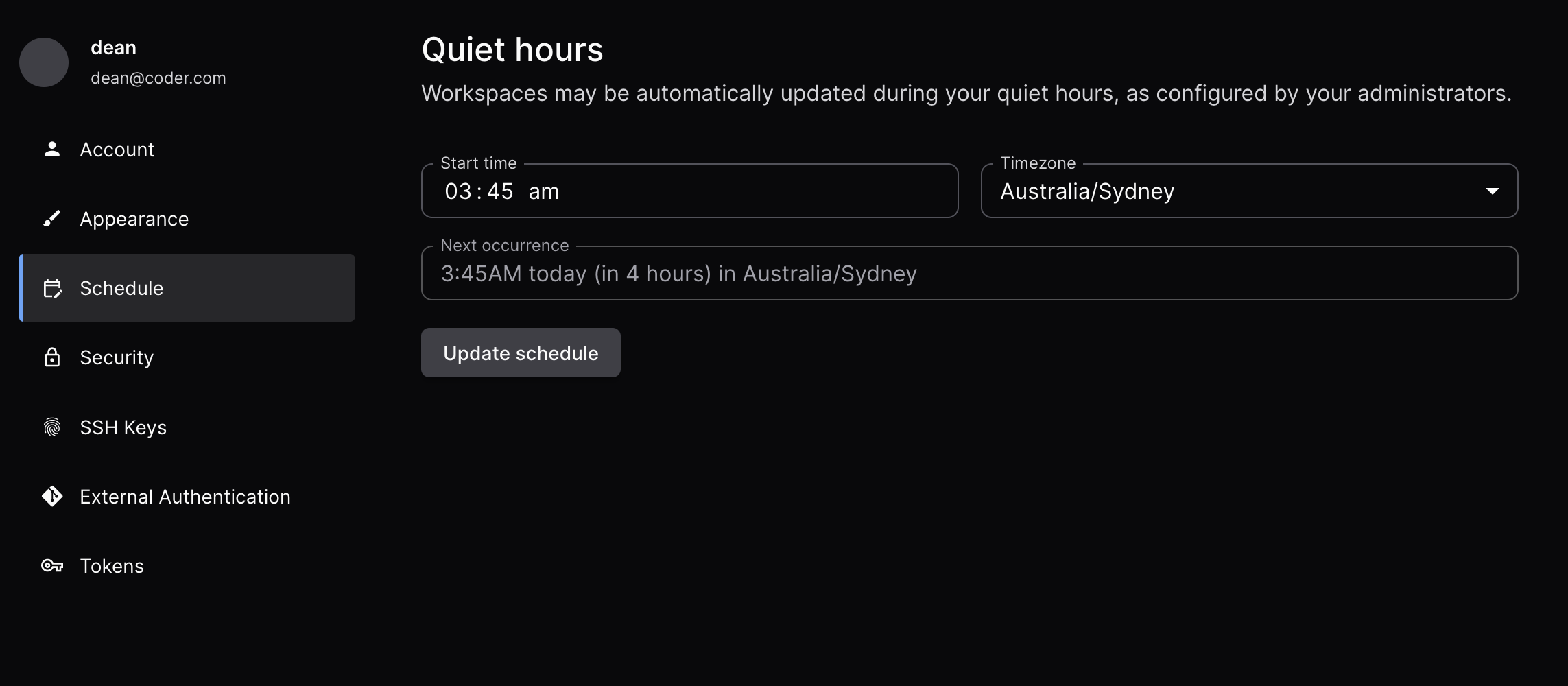 User schedule settings