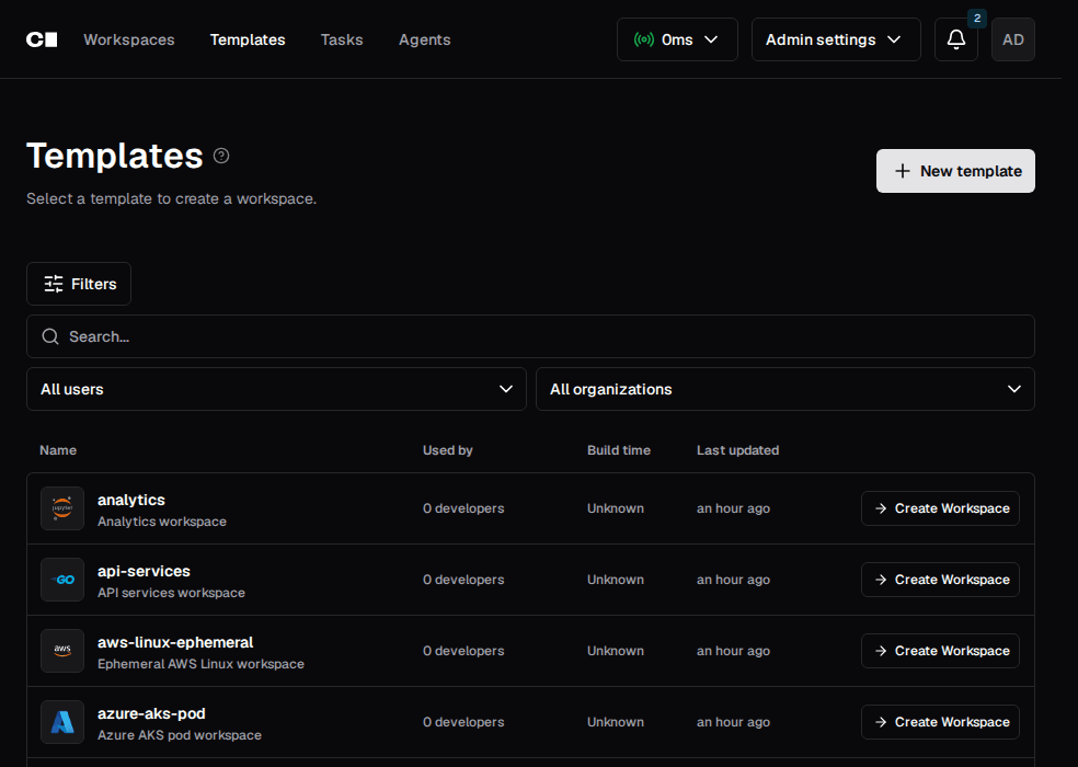 Creating a workspace in the UI