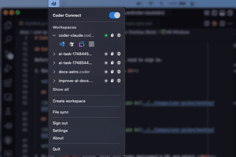Coder Desktop list of workspaces