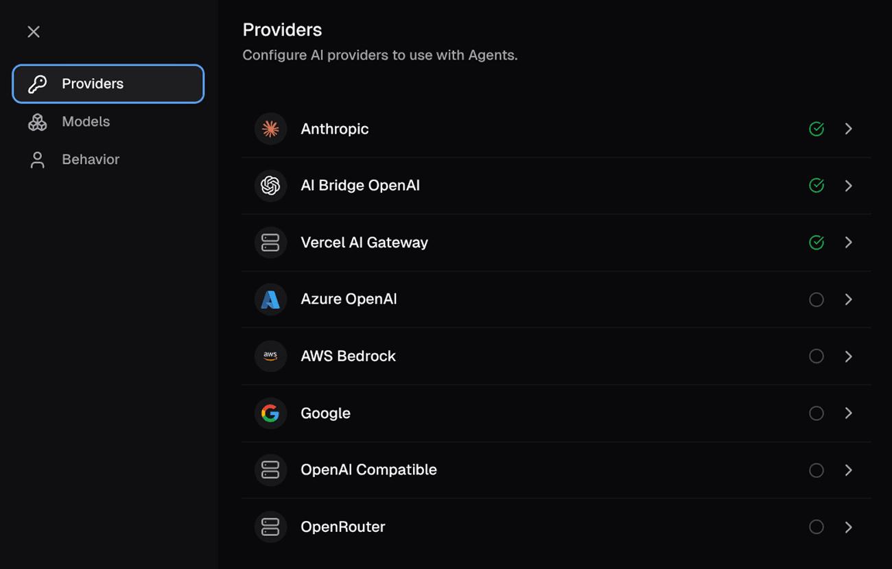 Screenshot of the provider/model configuration in the Agents settings