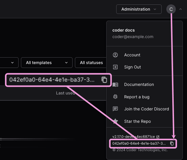Copy the deployment ID from the bottom of the user avatar dropdown
