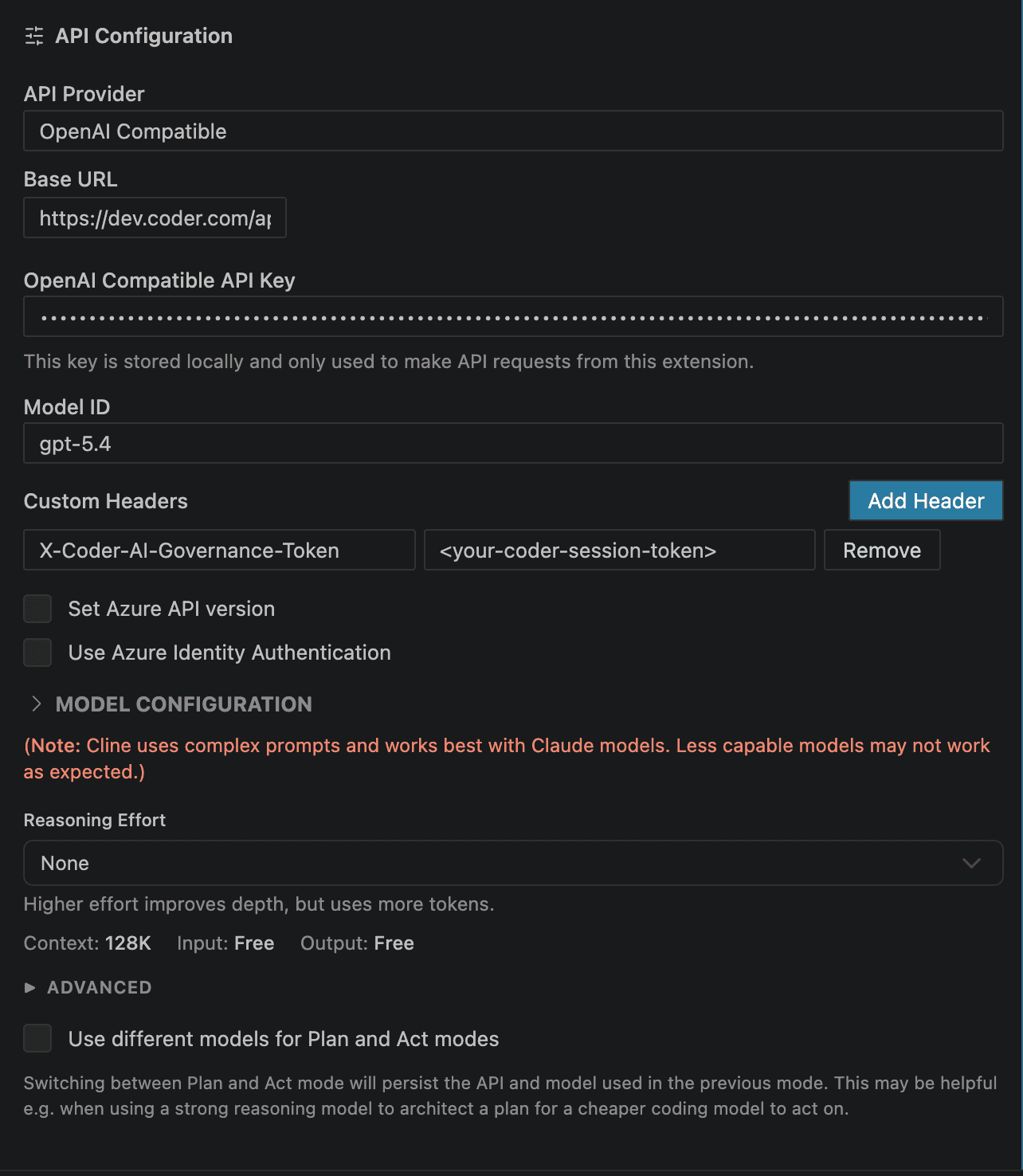 Cline BYOK OpenAI Settings