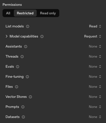 List Models scope should be set to "Read", Model Capabilities set to "Request"