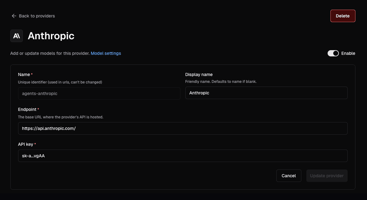 Edit Anthropic provider form