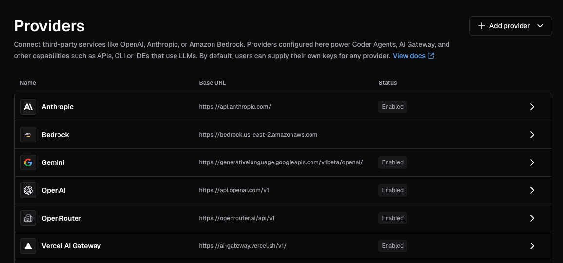 AI Providers list page