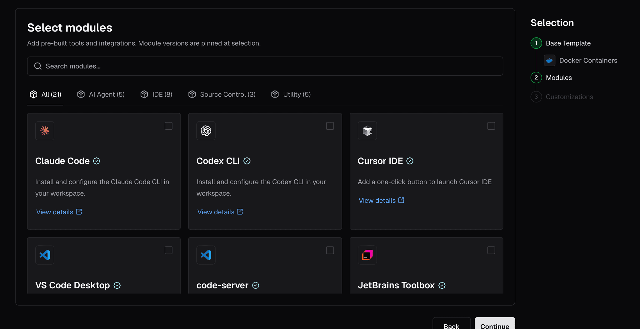 Select modules to add to your template