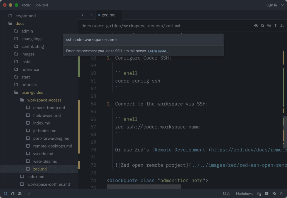 Zed open remote project