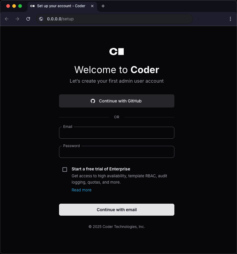 Welcome to Coder - Create admin user