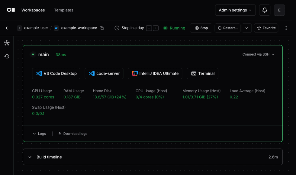 Developers launch their favorite web-based or desktop IDE, browse files, or access their Workspace’s Terminal.