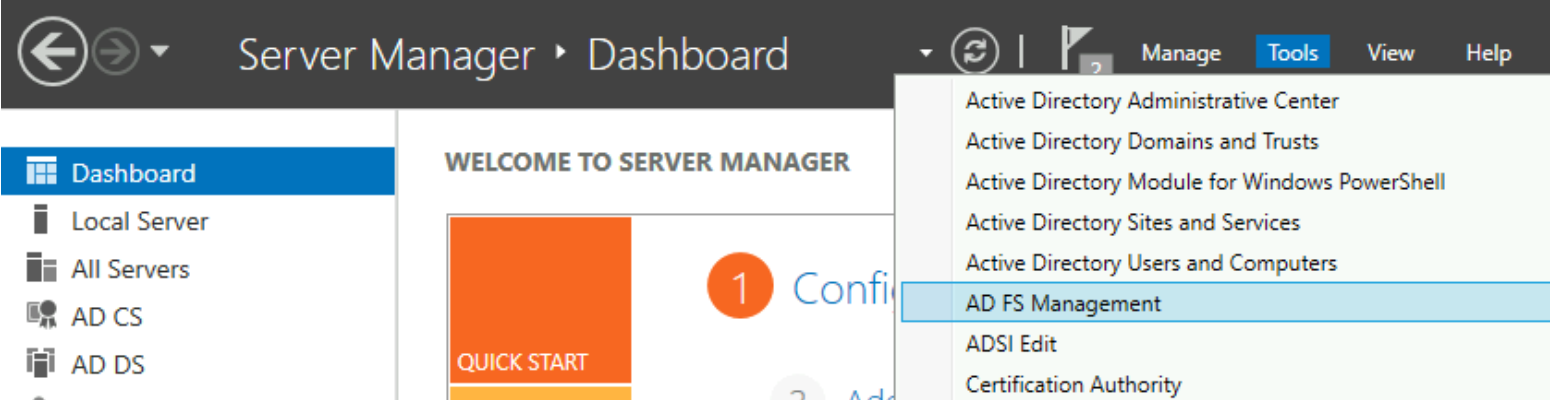 Open Server Manager and AD FS Management