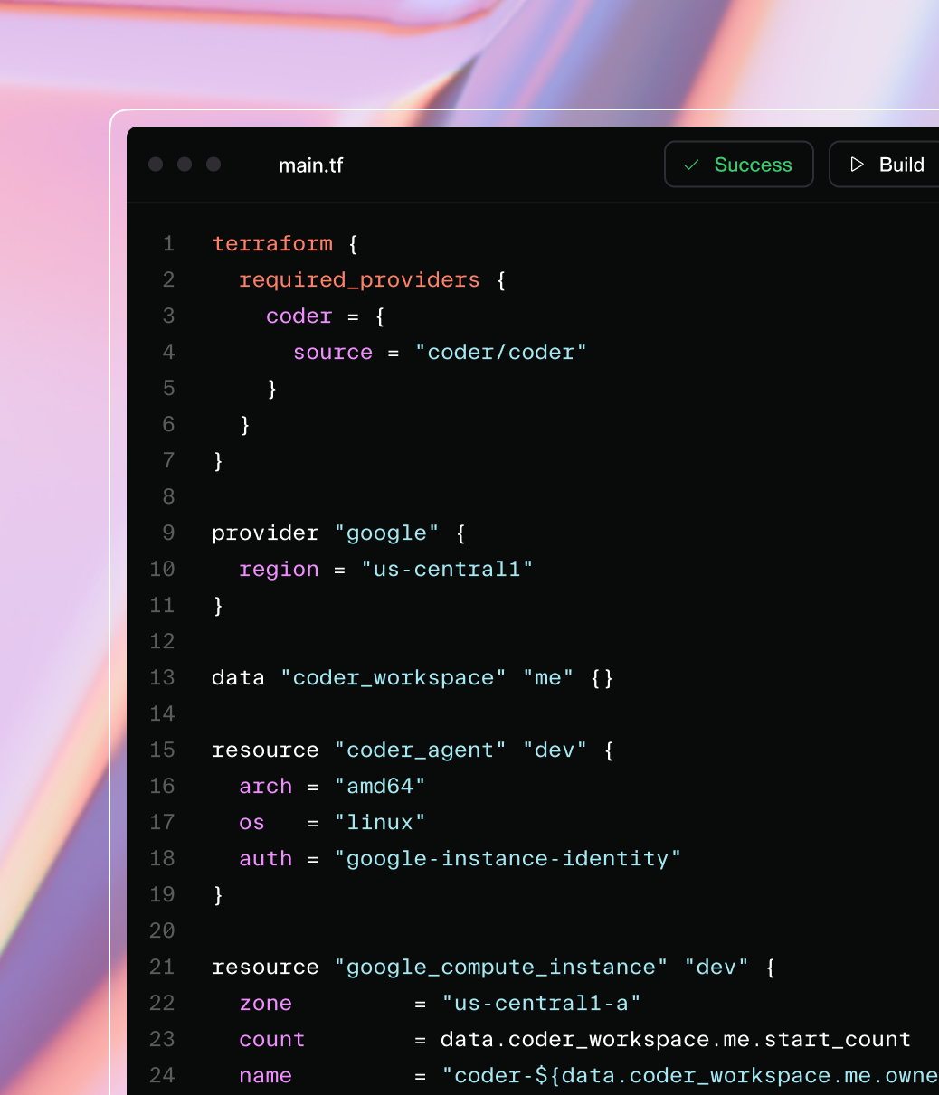 Terraform template configuring resources such as coder_agent and google_compute_instance