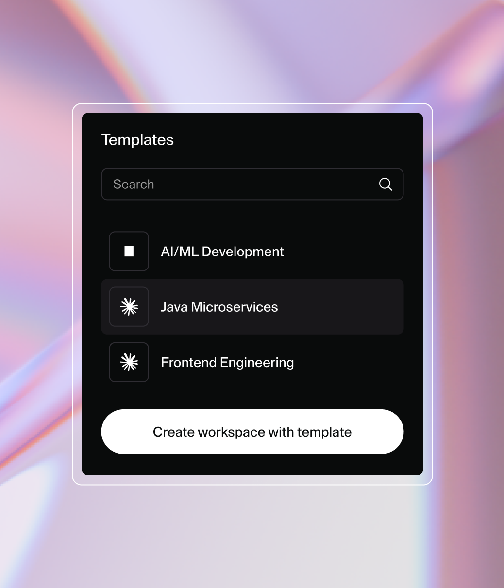 List of workspace templates: AI/ML Development, Java Microservices (selected), and Frontend Engineering. A button at the bottom reads 'Create workspace with template'.