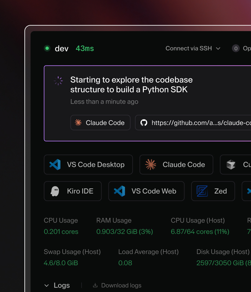 Coder workspace UI, highlighting an instance of Claude Code with the status 'Starting to explore the codebase structure to build a Python SDK'