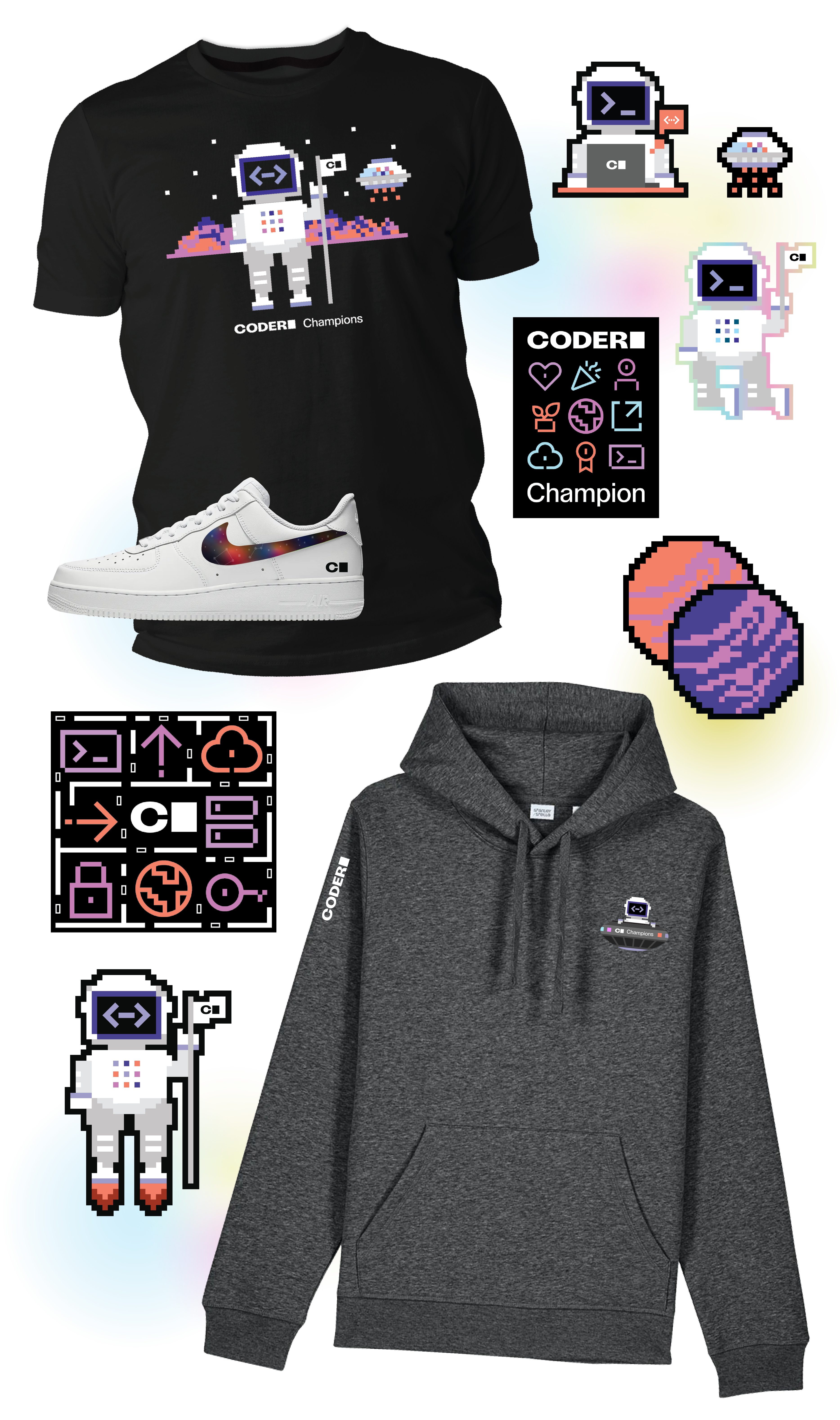 Branded Coder Champions swag, including a black graphic tee, Nike Air Force 1s, a grey hoodie, and various stickers. Some stickers depict an astronaut, a UFO, and planets.