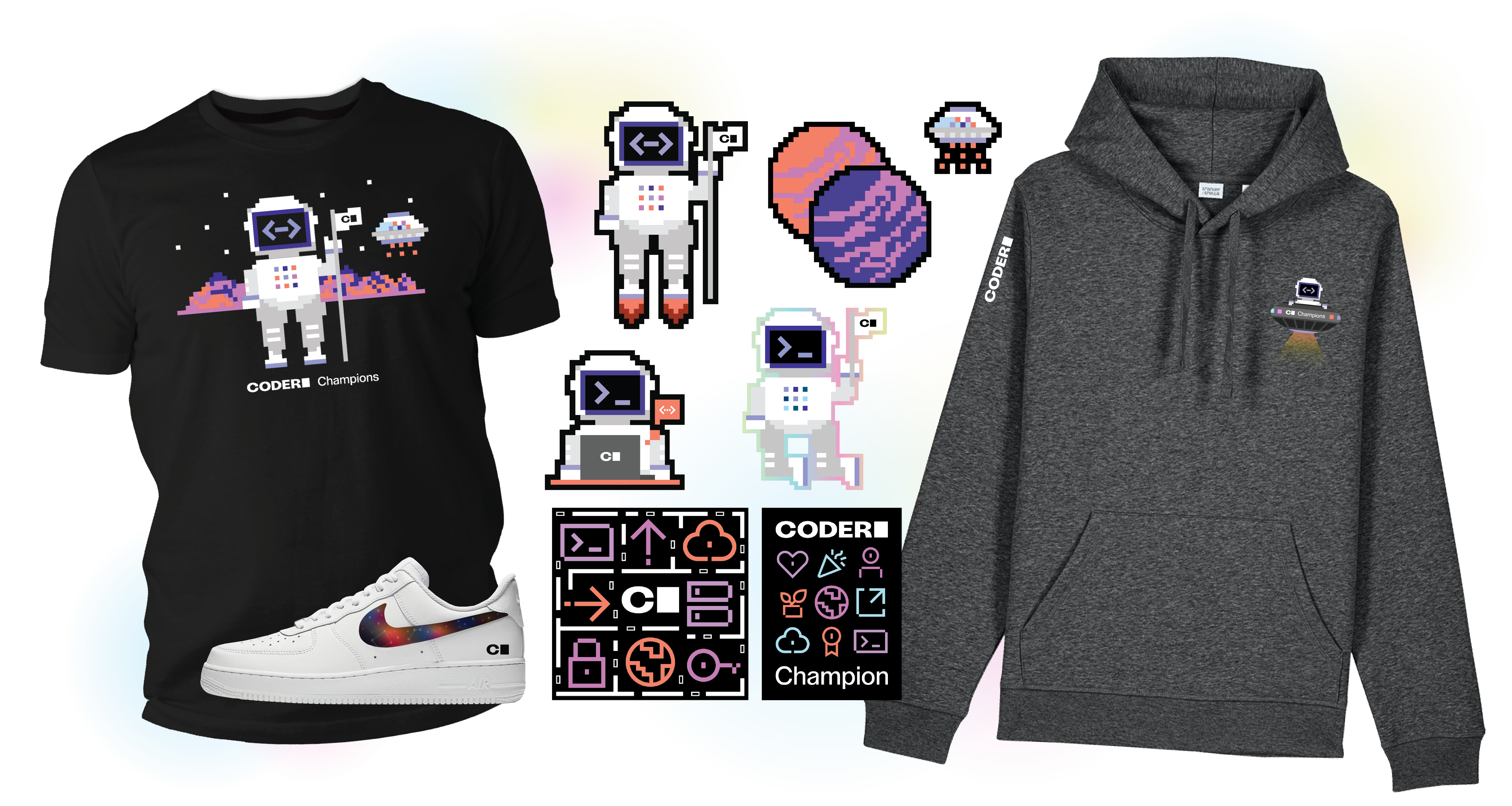 Branded Coder Champions swag, including a black graphic tee, Nike Air Force 1s, a grey hoodie, and various stickers. Some stickers depict an astronaut, a UFO, and planets.