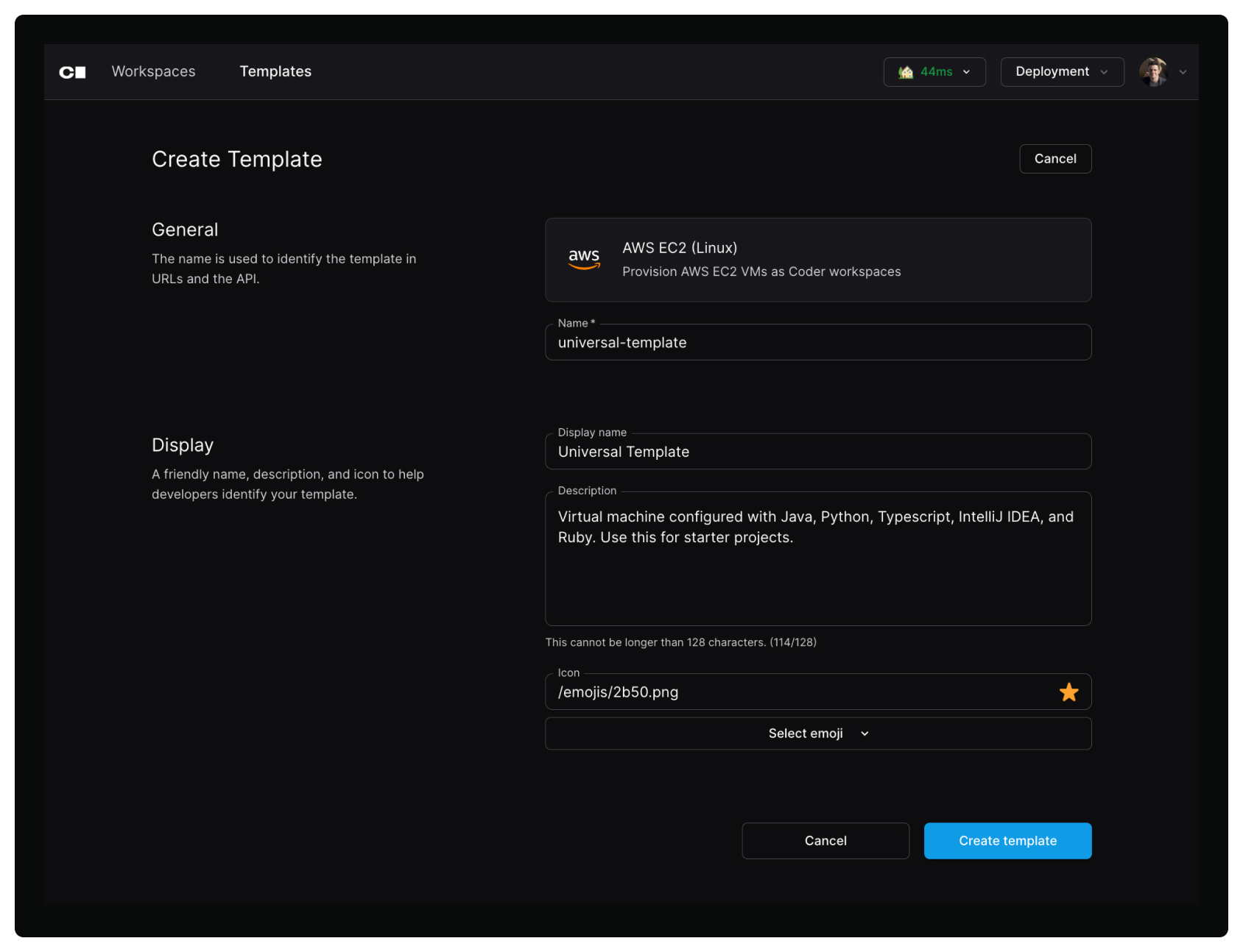Screenshot of Coder's Create Template form. A template called Universal Template is being created, with the description 'Virtual machine configured with Java, Python, and Ruby. Use this for starter projects.'