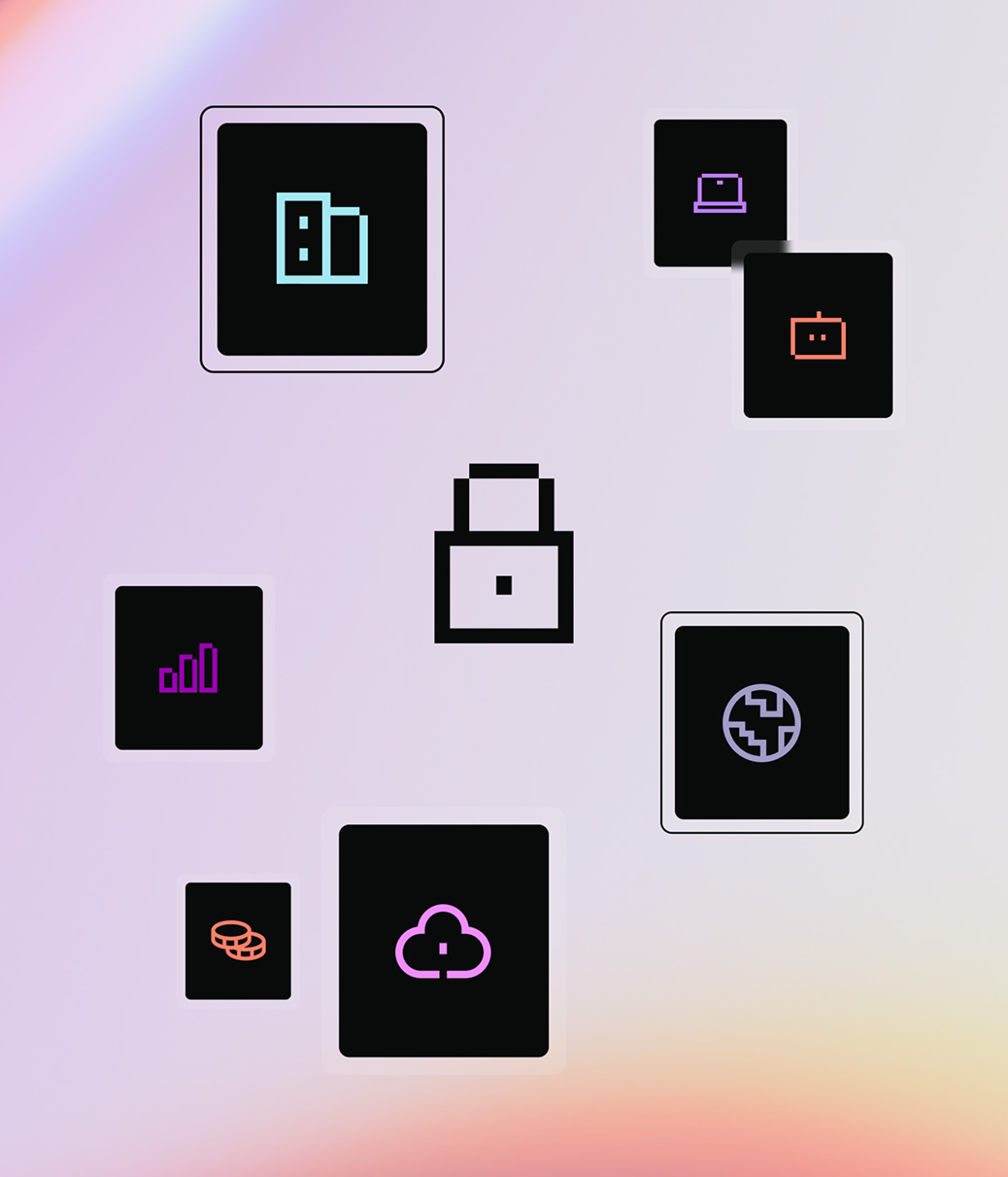 lock icon surrounded by other icons: building, laptop, robot, globe, cloud, coins, bar graph