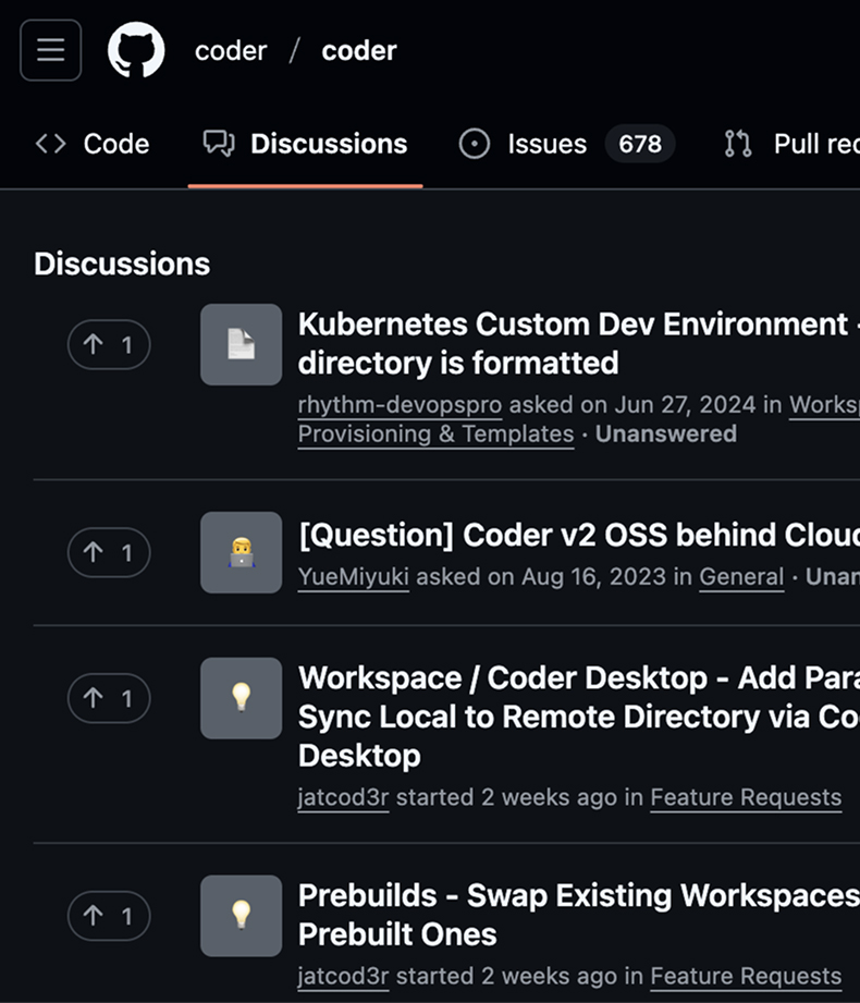 Screenshot of Coder's GitHub Discussions. Topics include a Kubernetes custom dev environment and prebuilds.