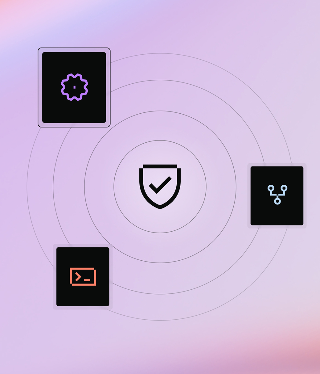 shield icon surrounded by other icons: gear, flowchart, terminal