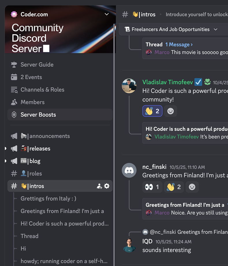 Screenshot of the Coder community Discord server. The intros channel shows messages from new users in locations including Italy and Finland.