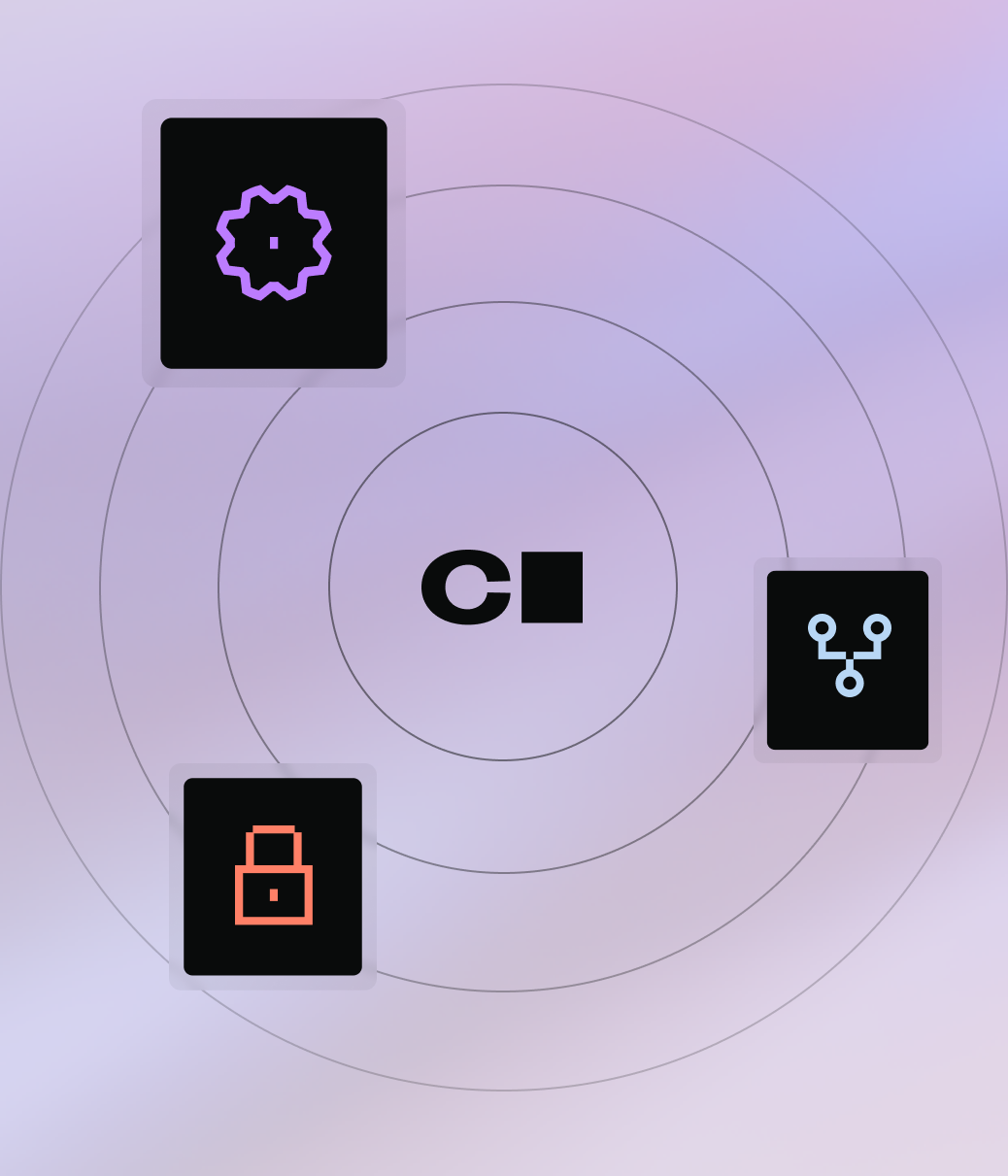 Coder logo with icons in orbit around it: a cog, a flowchart, and a lock