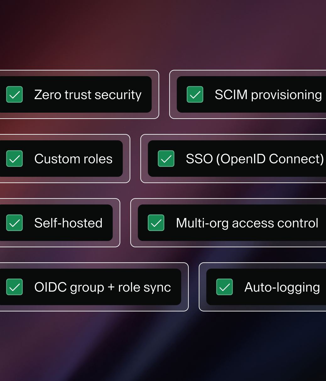 Series of checked checkboxes: Zero trust security, SCIM provisioning, Custom roles, SSO (OpenID Connect), Self-hosted, Multi-org access control, OIDC group + role sync, Auto-logging