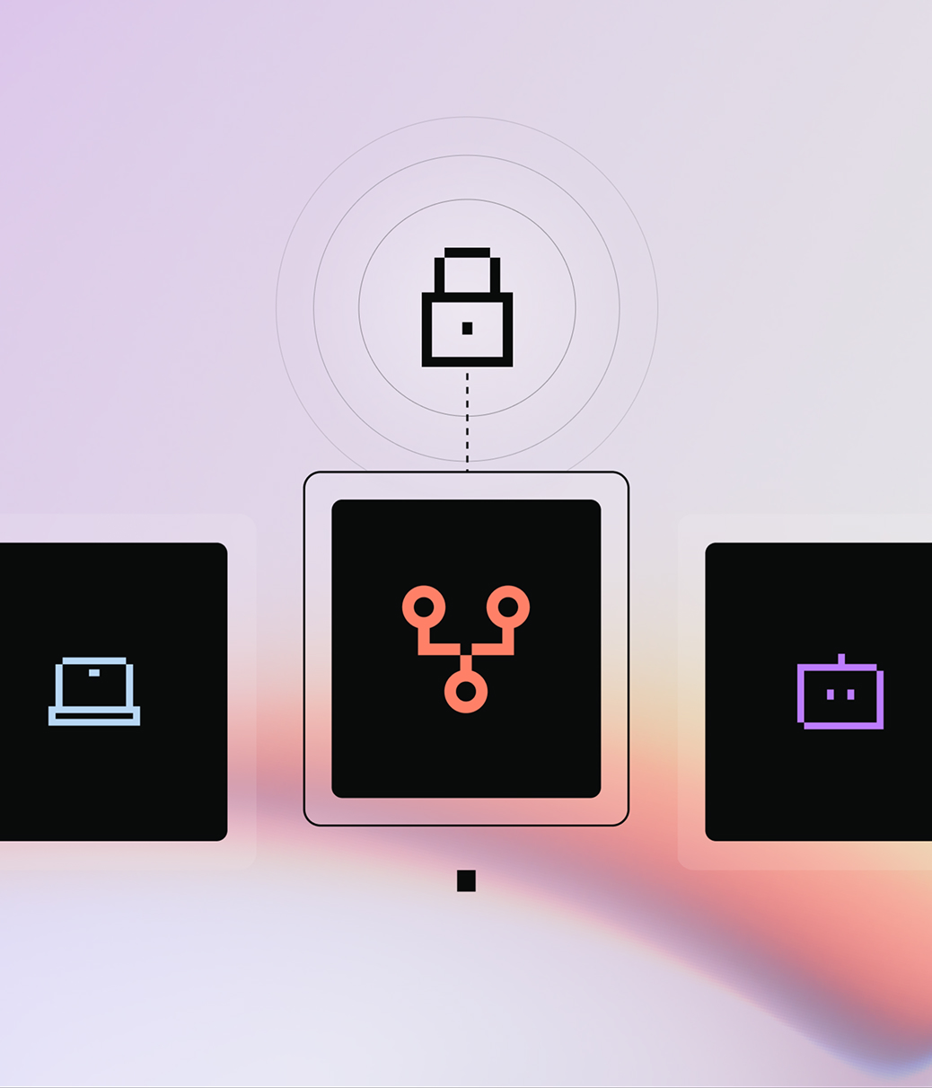 lock icon with other icons below: laptop, flowchart, robot
