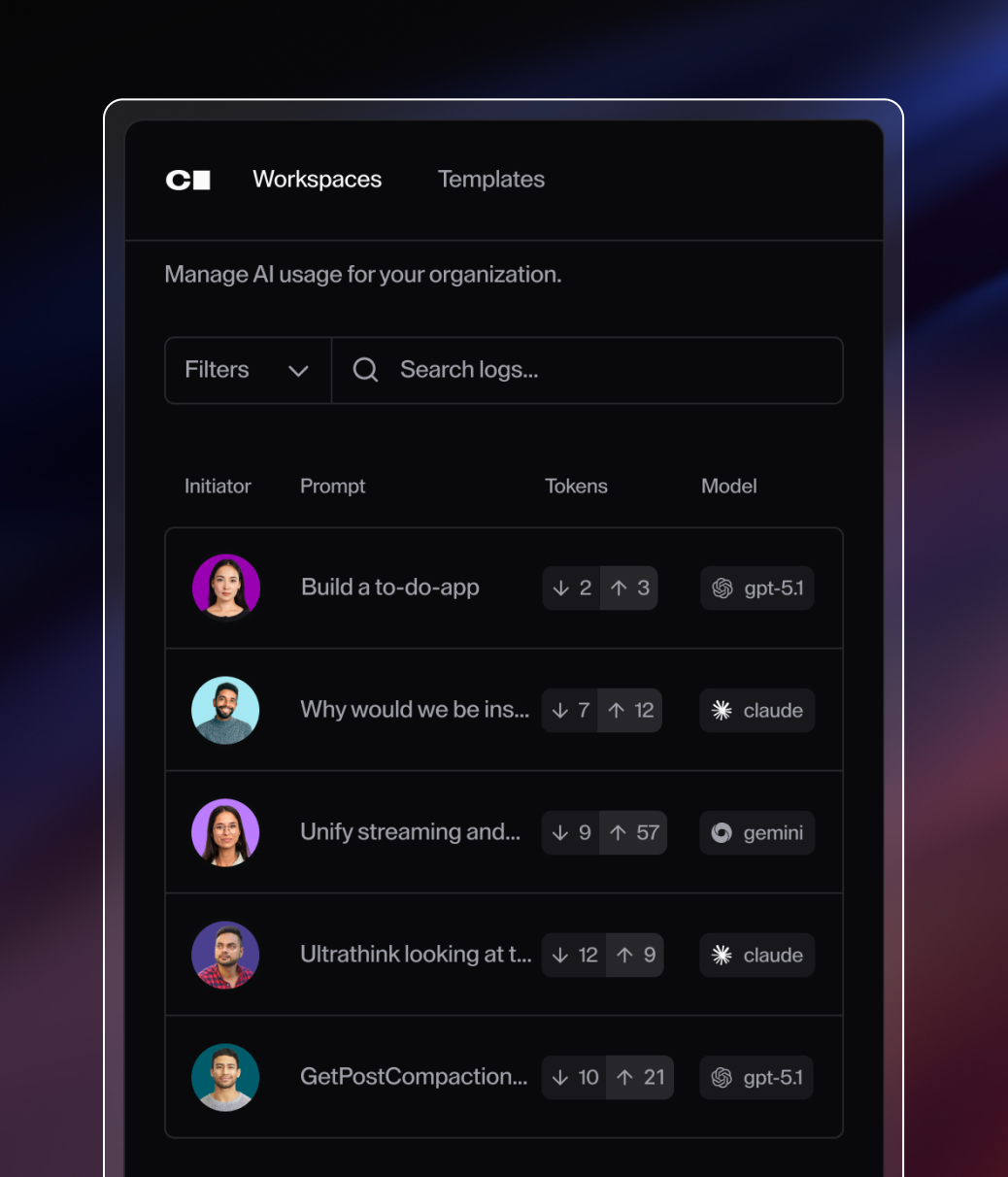 Product UI to manage AI usage for your organization in Coder Workspaces. Information about each logged agent includes initiator, prompt, tokens, and model.