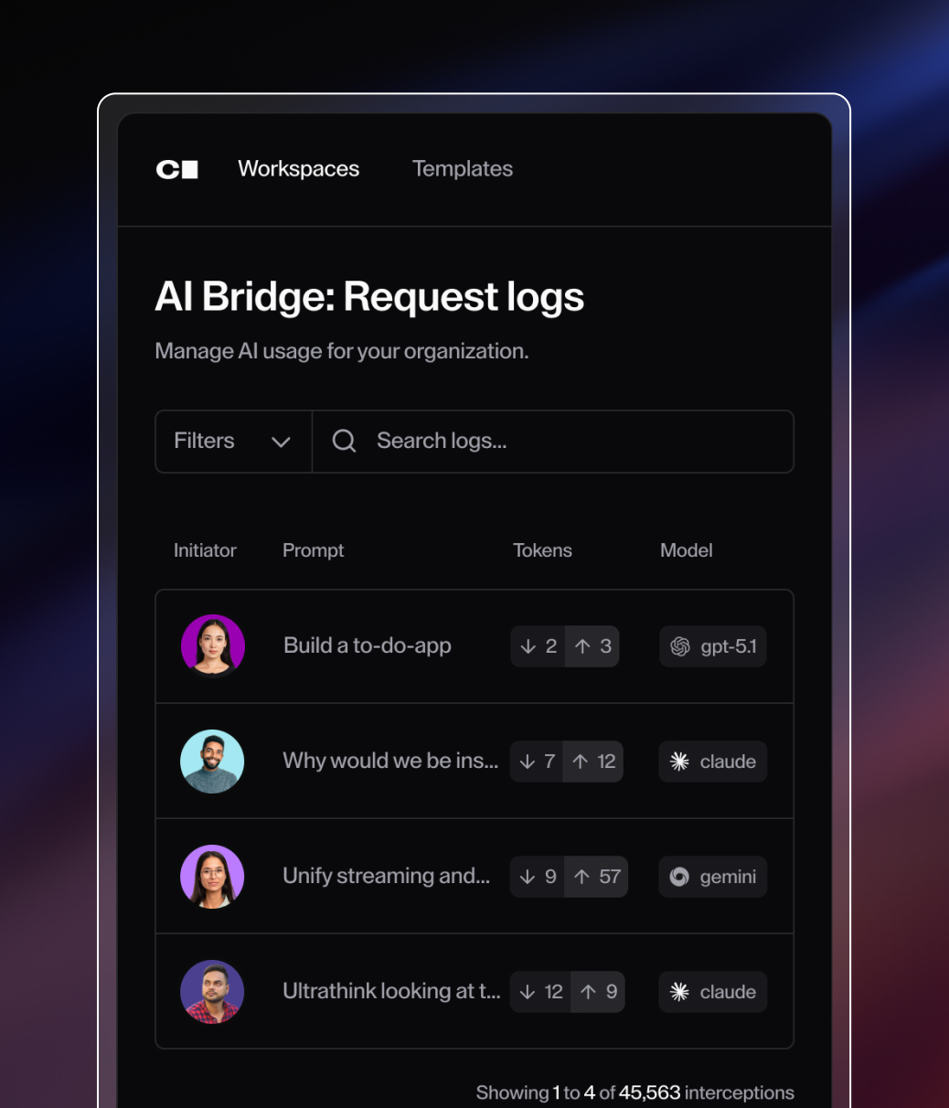 Product UI showing AI Bridge Request logs. Manage AI usage for your organization. Information about each logged request includes initiator, prompt, tokens, and model.