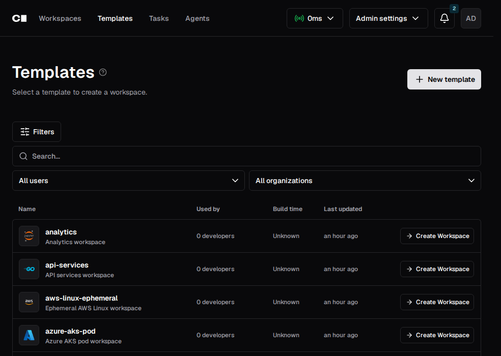 Creating a workspace in the UI