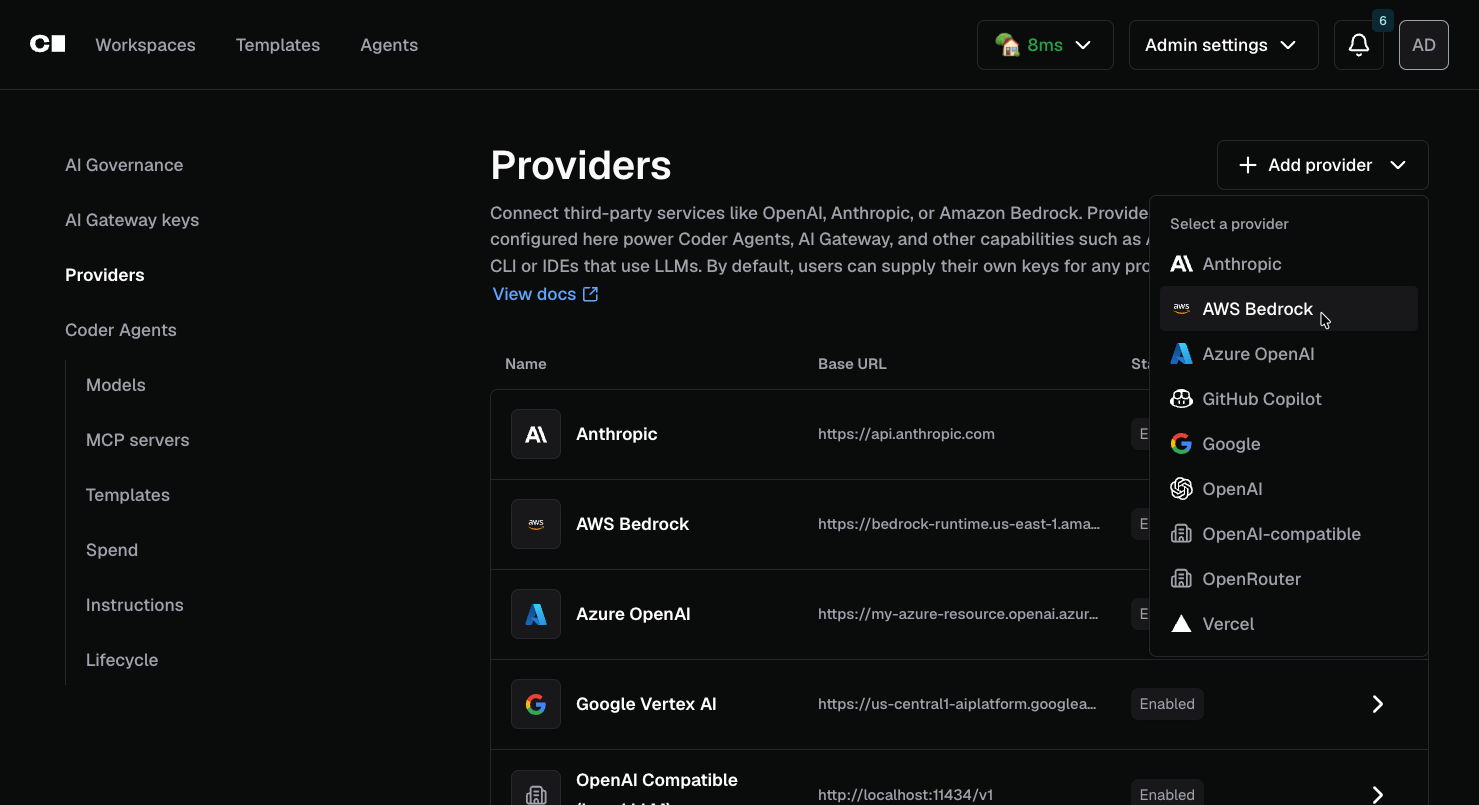 Screenshot of the provider/model configuration in the Agents settings