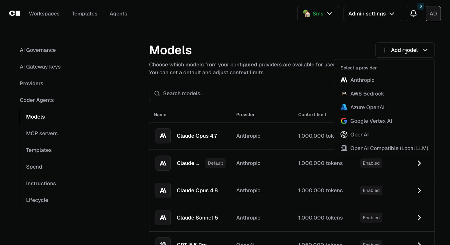 Screenshot of the models list in the Agents settings