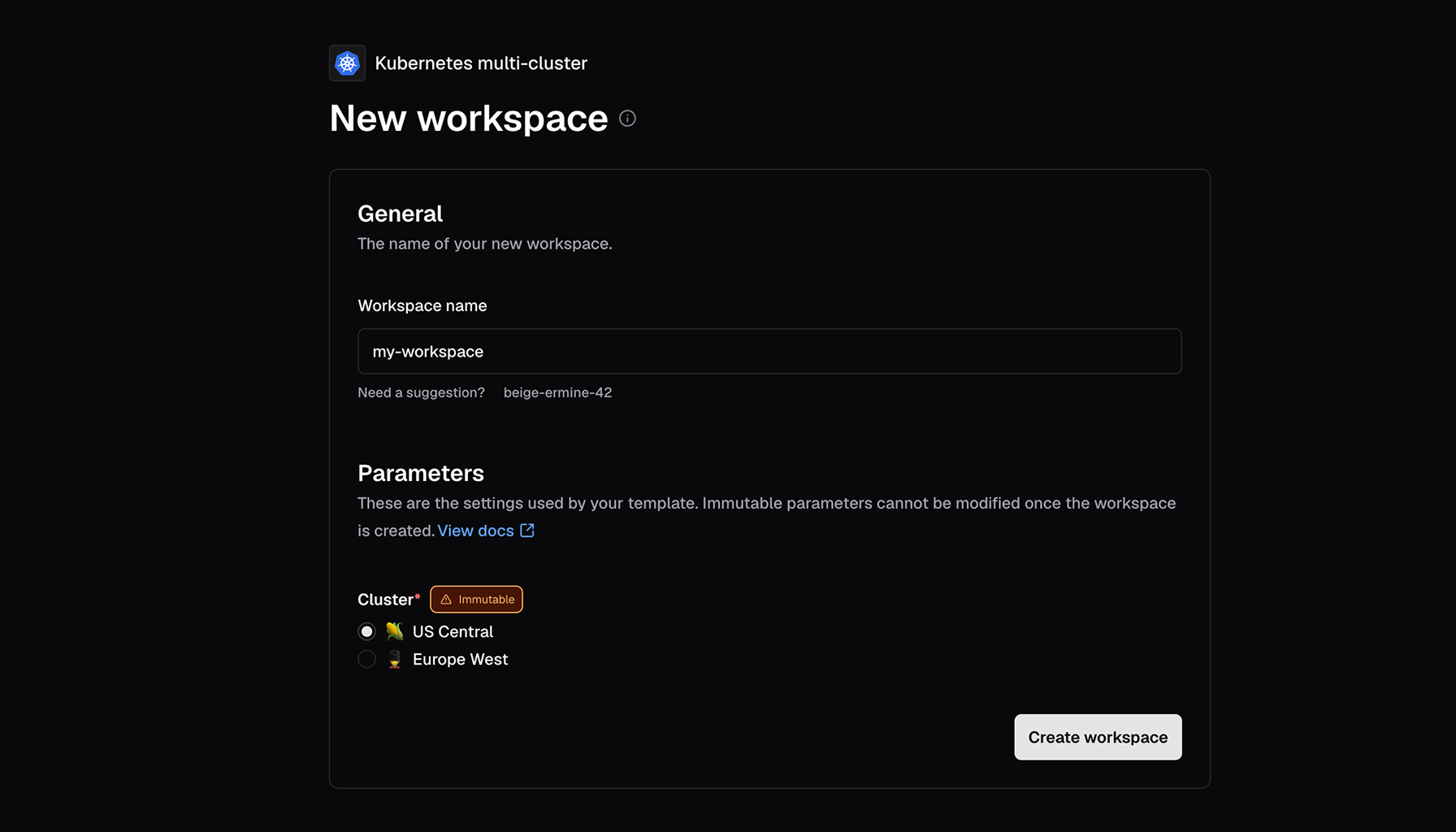Region picker in "Create Workspace" screen