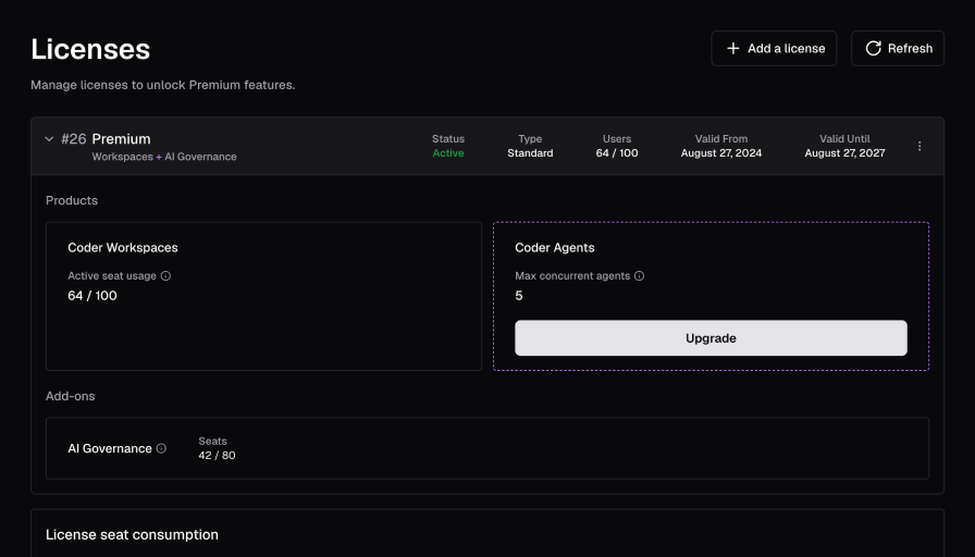 Licenses screen shows license information and seat consumption