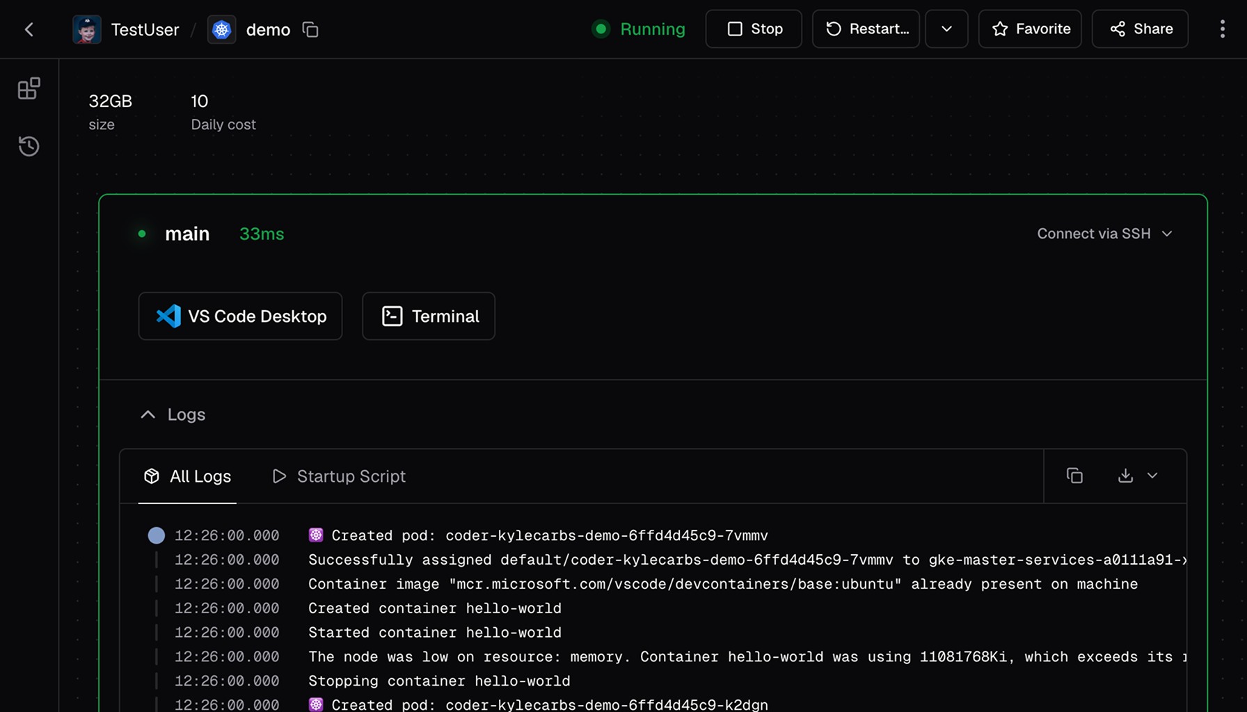 Kubernetes logs in Coder dashboard