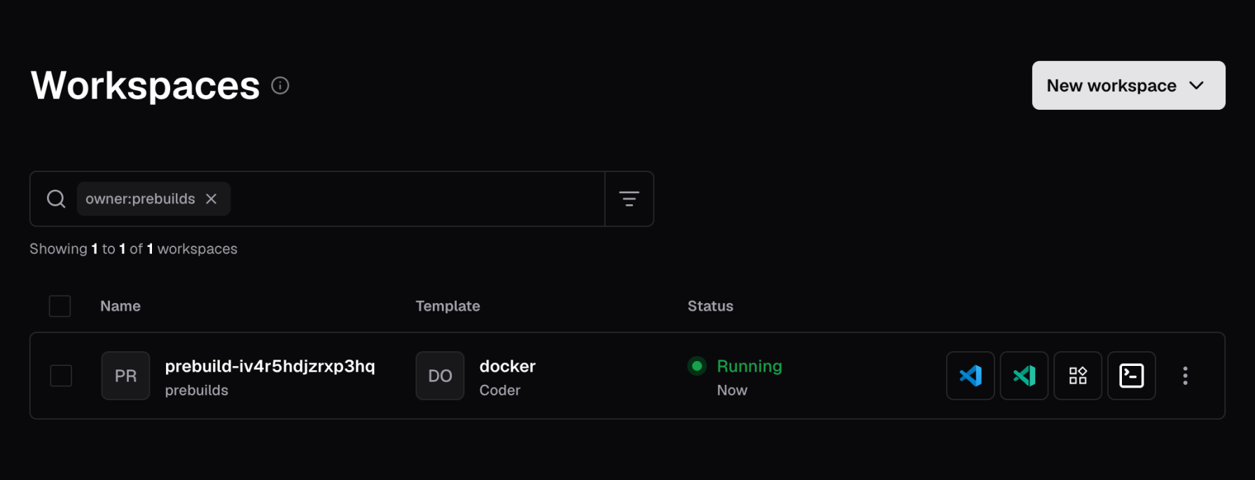 A prebuilt workspace in the dashboard