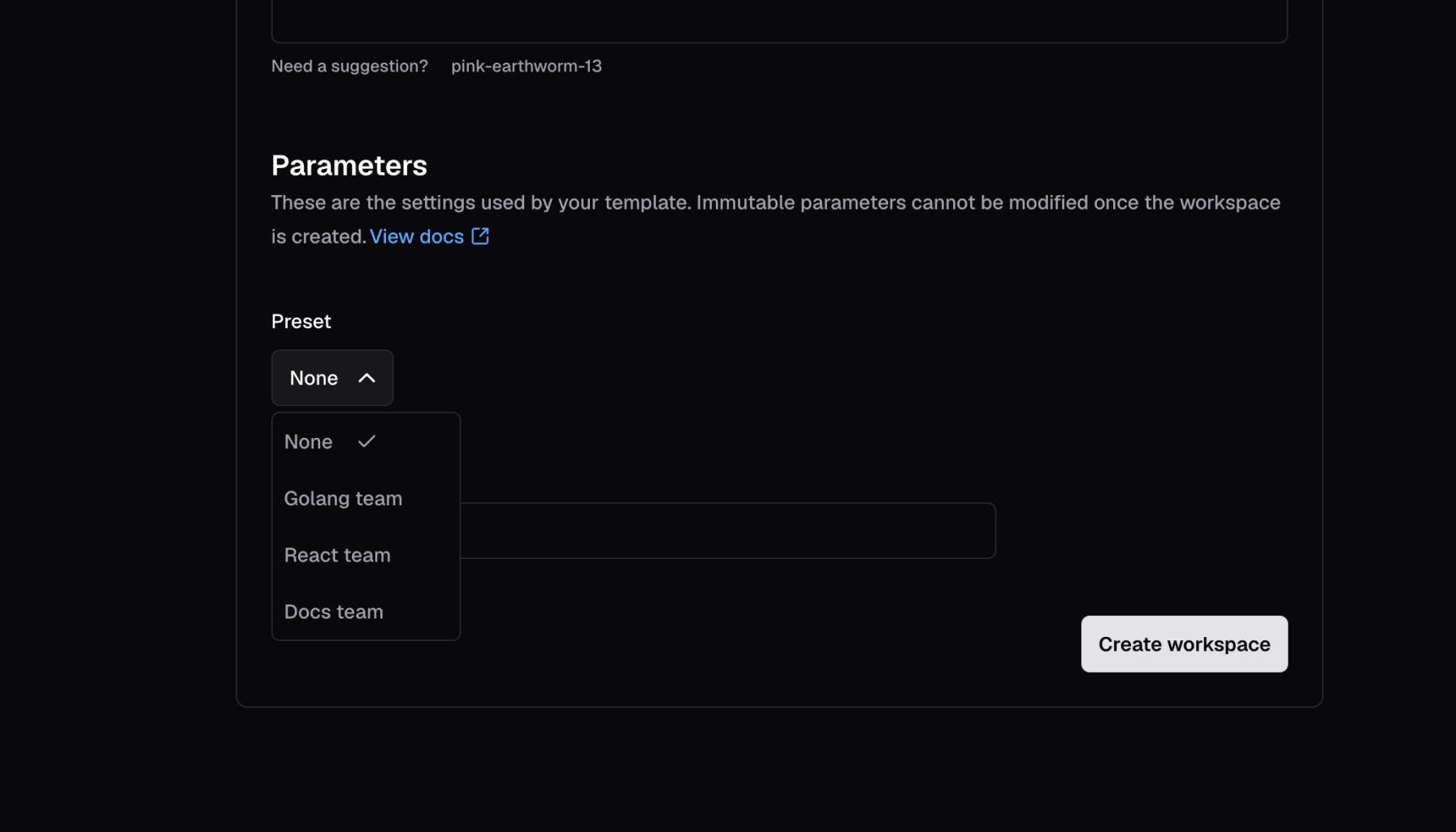 Template with options in the preset dropdown
