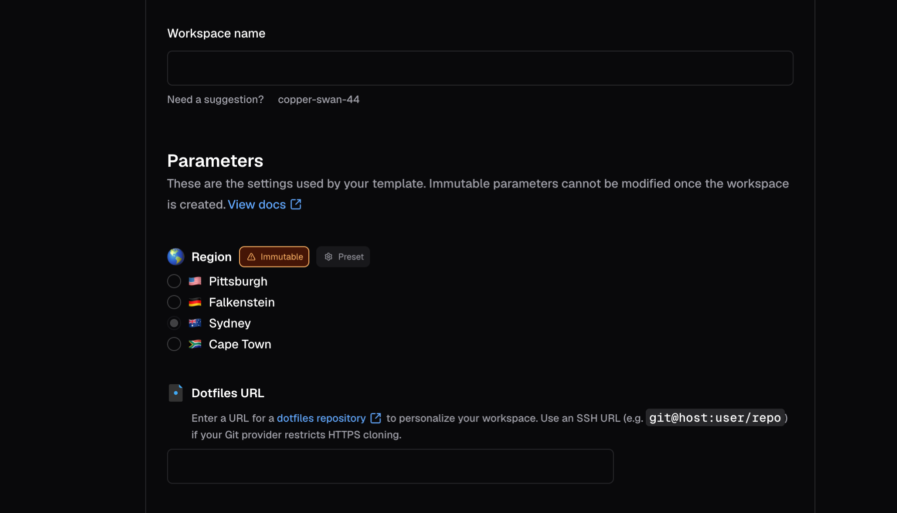 Parameters in Create Workspace screen