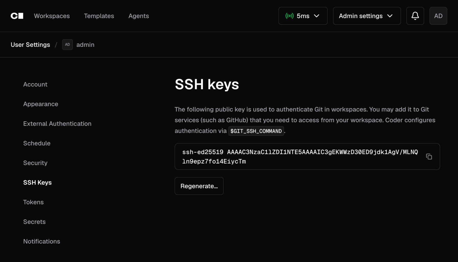 SSH keys in account settings